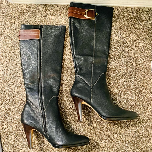 EUC Cole Haan Nike Air Sierra Black Pebbled Leather Tall Heeled Boots - Picture 4 of 17